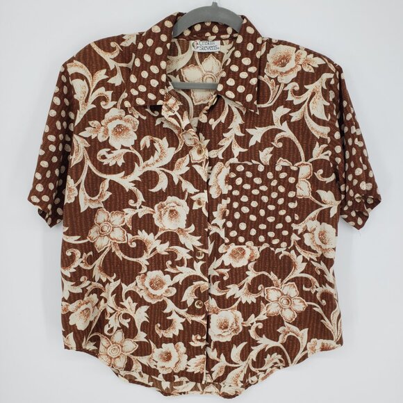 3/$25 Vintage Christin Stevens Floral Button Down Top M Short Sleeves  Brown - Picture 1 of 7